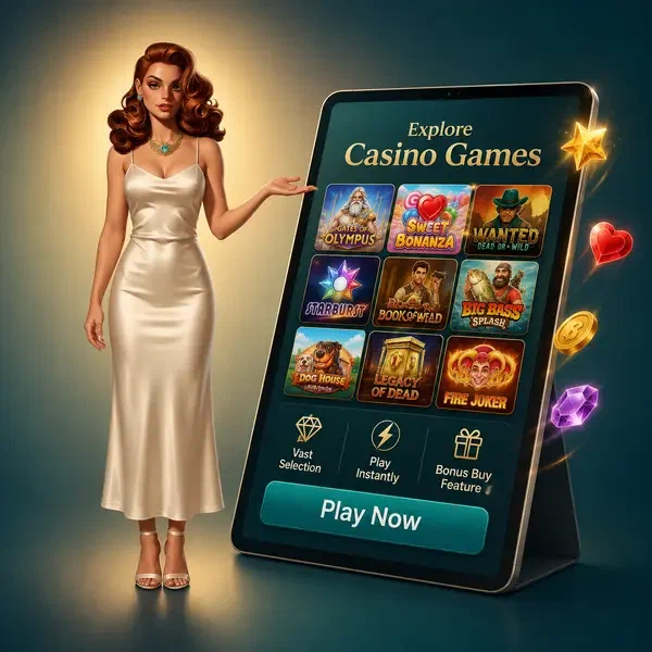 Die Schatzmeisterin präsentiert Billionairespin Casino Games riesige Auswahl auf leuchtendem Tablet-Bildschirm